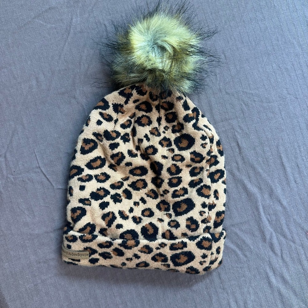 Catherine Malandrino Leopard Print Pom Pom Beanie Hat Knit Cap Winter